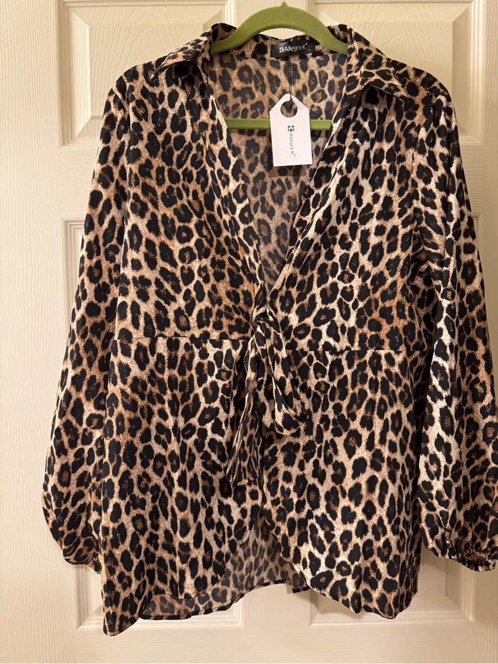 Allegra K Leopard Print Tie-Front Blouse - Brown/Black size Large